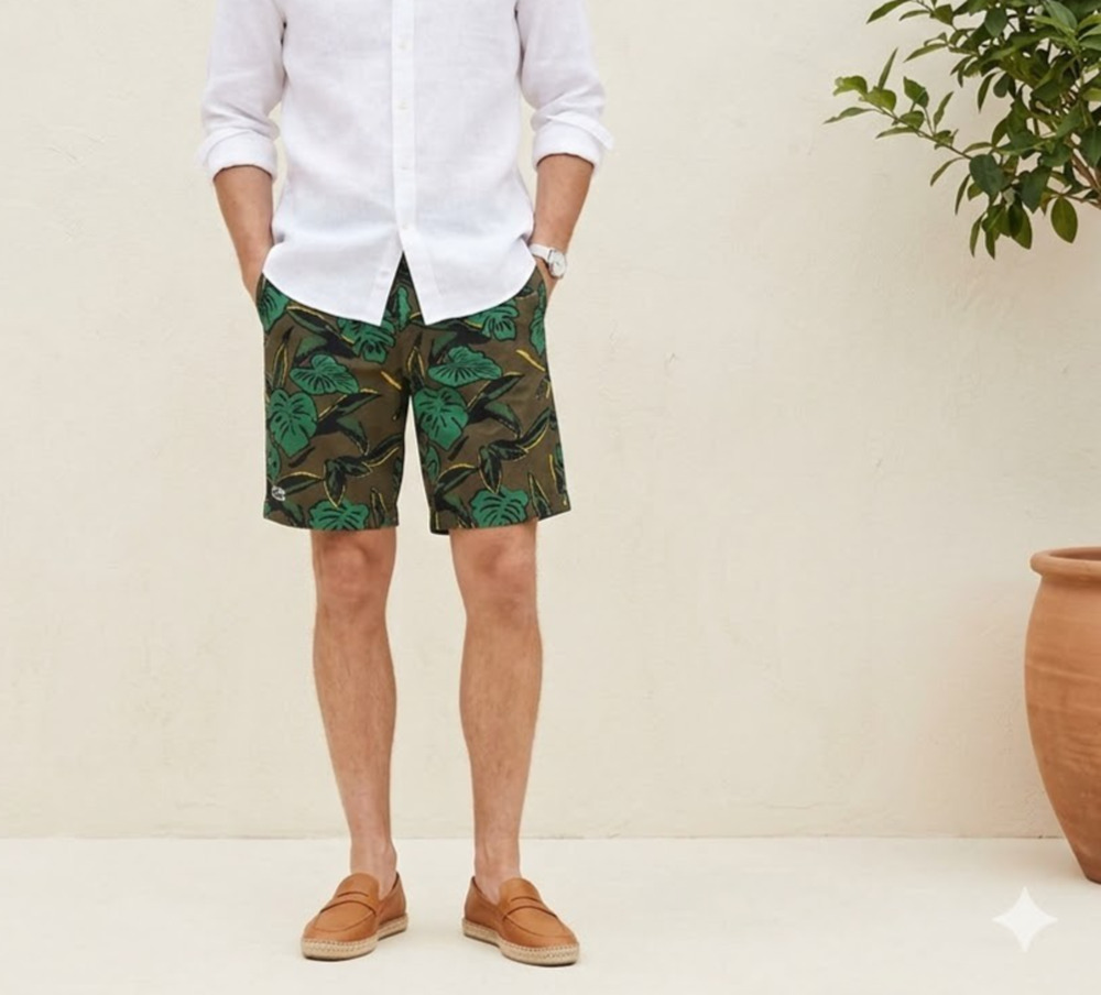 Lacoste Live Mens Shorts 33 Tropical Leaf Coastal Nautical Beach Baobab Green